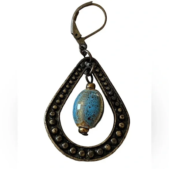 Premier Designs Brass Tone Blue Drop Bead Loop Earrings - Picture 2 of 5